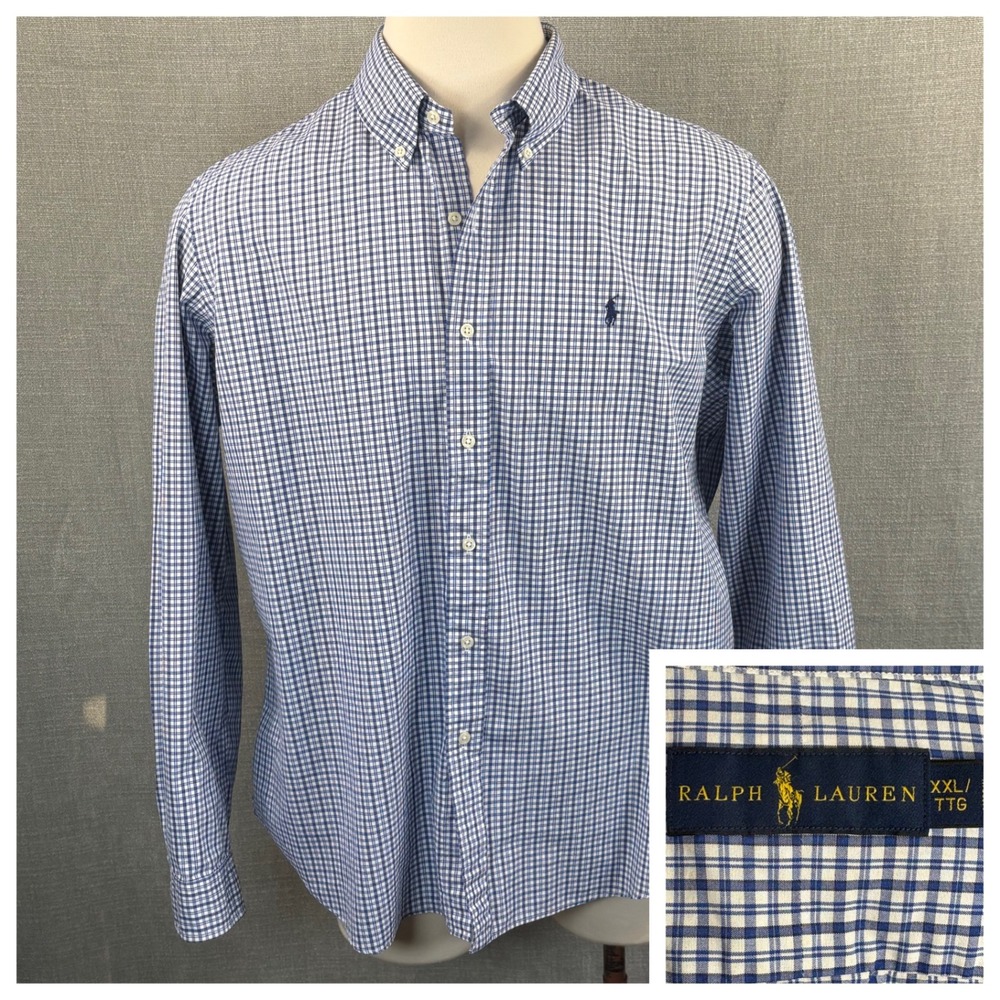 Ralph Lauren Mens XXL Blue White Gingham Check Long Sleeve‎ Button Down Shirt